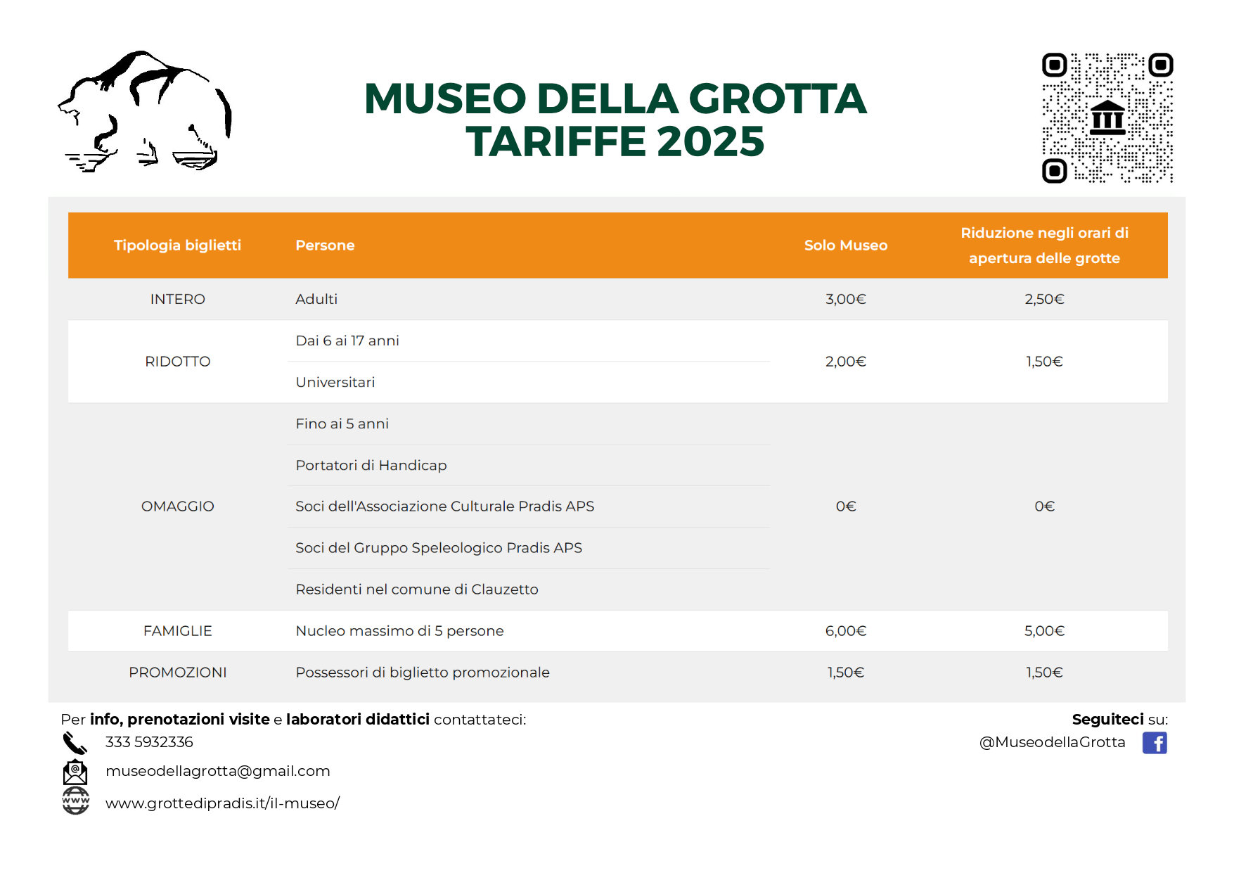 Tariffe 2025 - Museo della Grotta di Pradis - Clauzetto (PN)