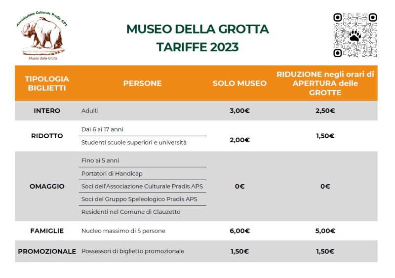 Tariffe 2023 - Museo della Grotta di Pradis - Clauzetto (PN)